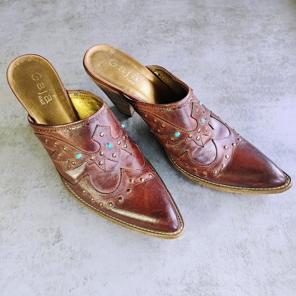 Gaja Italy Leather Mules Womens 39 US 9 Brown Pointed Toe Studs Western Cowgirl - Picture 1 of 12